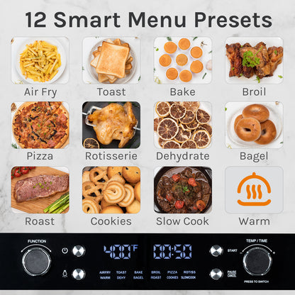 Mioos 12-in-1 Air Fryer Air Fryer oven Airfryer Rotisserie Convection Oven Countertop, Bake, broil, Roast, Dehydrate,Slow cook, 26L & 8 Accessories,Silver-Stainless Steel