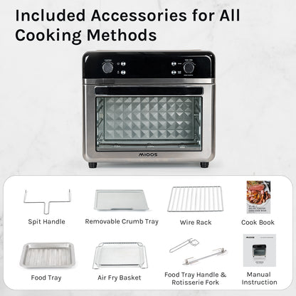 Mioos 12-in-1 Air Fryer Air Fryer oven Airfryer Rotisserie Convection Oven Countertop, Bake, broil, Roast, Dehydrate,Slow cook, 26L & 8 Accessories,Silver-Stainless Steel