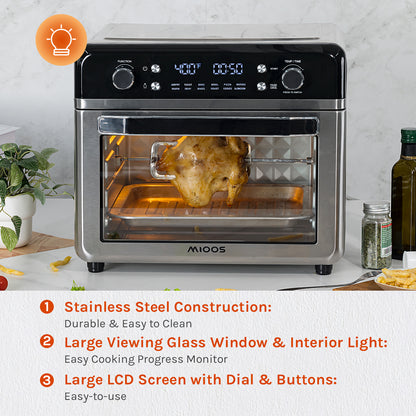 Mioos 12-in-1 Air Fryer Air Fryer oven Airfryer Rotisserie Convection Oven Countertop, Bake, broil, Roast, Dehydrate,Slow cook, 26L & 8 Accessories,Silver-Stainless Steel